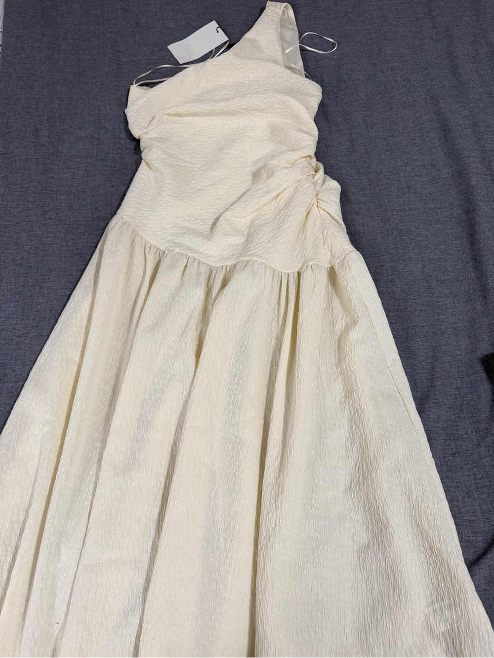 Zara One-Shoulder Cream Textured Maxi Dress